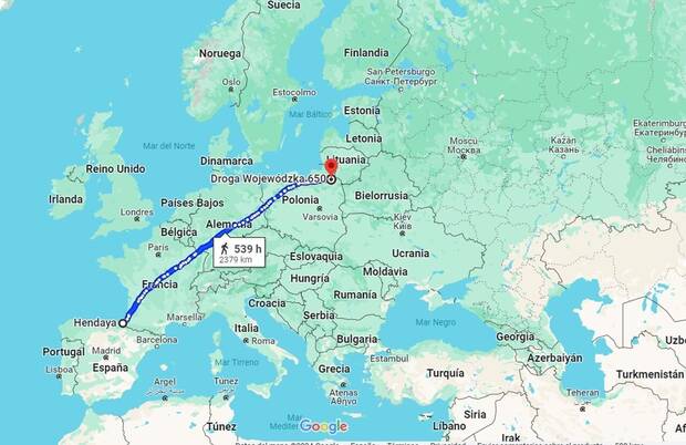 Ruta desde Hendaya hasta Goldap para cubrir el resto de la distancia de la ruta de los hobbits (Google Maps)