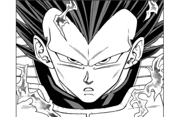 Página del manga de Dragon Ball Super en la que se muestra la cara de Vegeta en su forma de Dios de la Destrucción