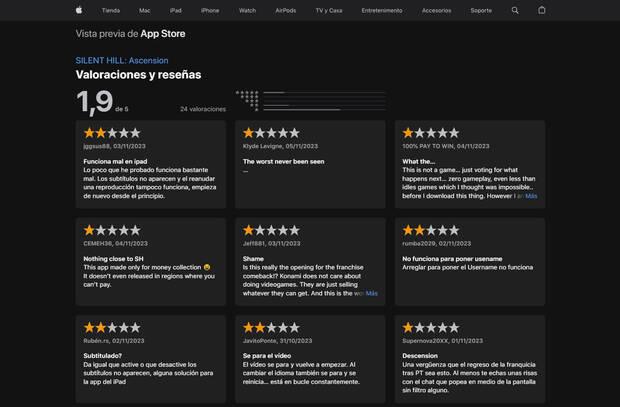 Valoraciones negativas de Silent Hill Ascension en App Store