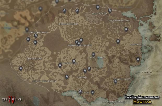 Diablo 4 - Localización de todas las mazmorras en Hawezar