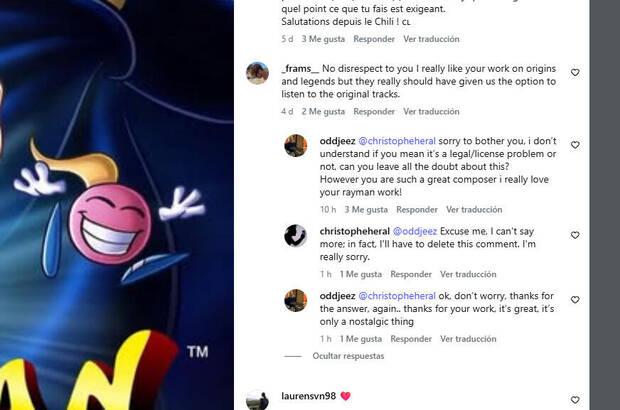 captura de conversaci�n sobre la ausencia de la banda sonora original de Rayman: 30th anniversary