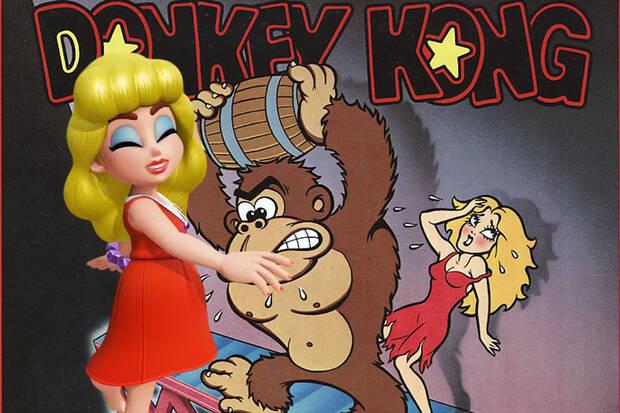 Montaje con una de las imágenes promocionales de Donkey Kong Arcade (1918) mostrando a Donkey Kong y Pauline con una imagen de la Pauline de Donkey Kong Bananza llevando el vestido rojo y un peinado como el de la Pauline original