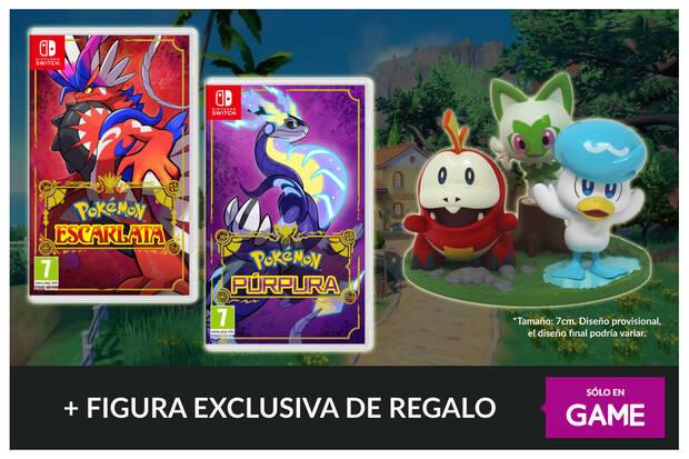 Figura de los iniciales de Pokmon Escarlata y Prpura al reservar el juego en GAME.