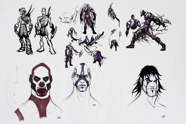 Algunos de los bocetos con diseños descartados de Kratos.