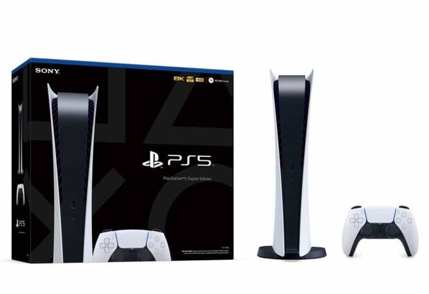 Consola PS5 Digital Edition junto a su caja y mando DualSense.