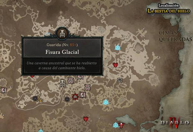 Diablo 4 - Mapa con la localización de la mazmorra del jefe La Bestia del Hielo