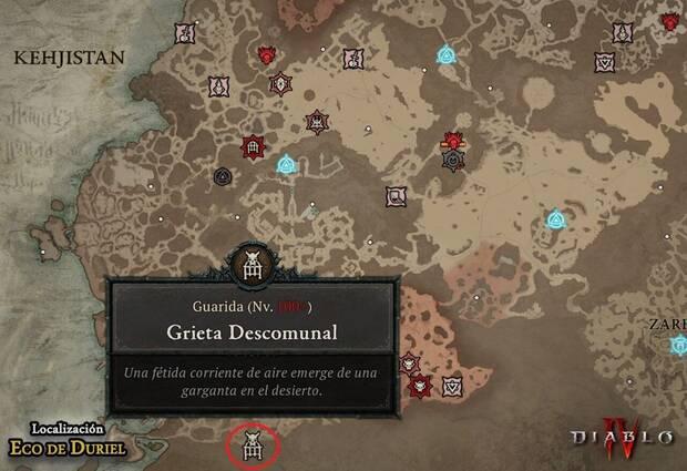Diablo 4 - Mapa con la localización de la mazmorra del jefe Eco de Duriel