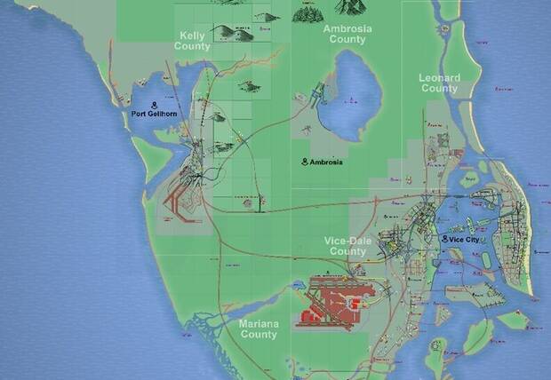 Grand Theft Auto 6 - Historia y ambientaci�n, mapa hipot�tico de GTA VI publicado por gta6mapio en base a las especulaciones de la comunidad de GTA