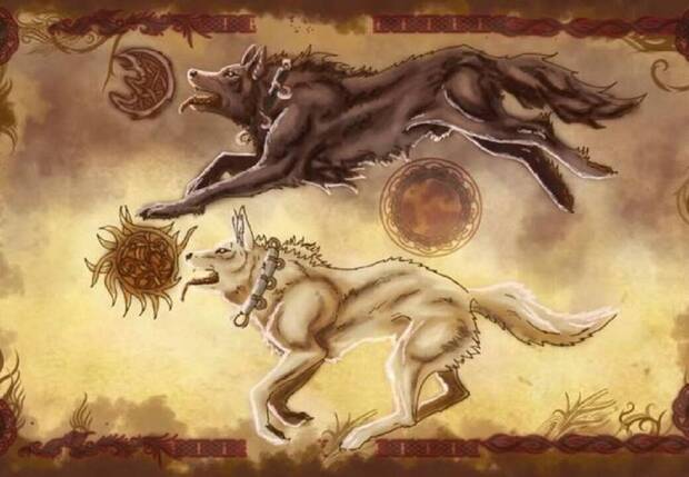 Skoll y Hati persiguen al sol y la luna en una representación artística.