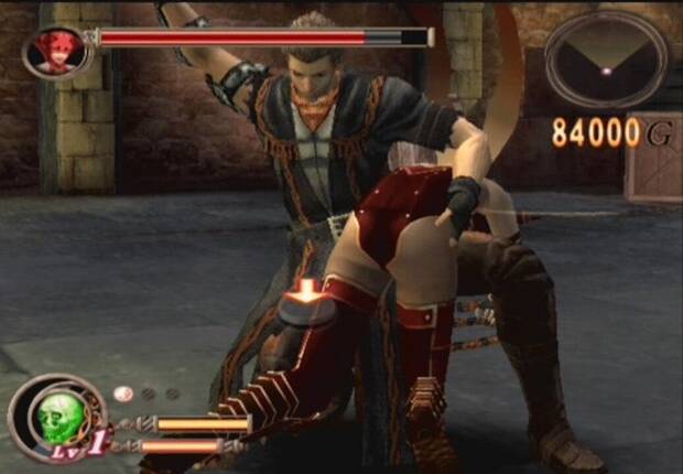 Imagen de gameplay de God Hand (2006) con Gene rematando a una rival a base de azotes