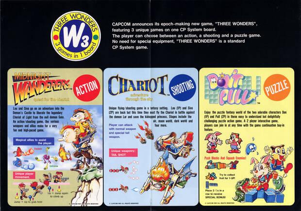 El flyer europeo resaltaba las principales características de los tres juegos: desde los 'options' del shooter hasta los bonus extra por colocar tres bloques juntos en Don’t Pull.