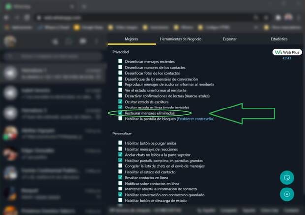 Configurar WA Web Plus for WhatsApp para restaurar mensajes eliminados