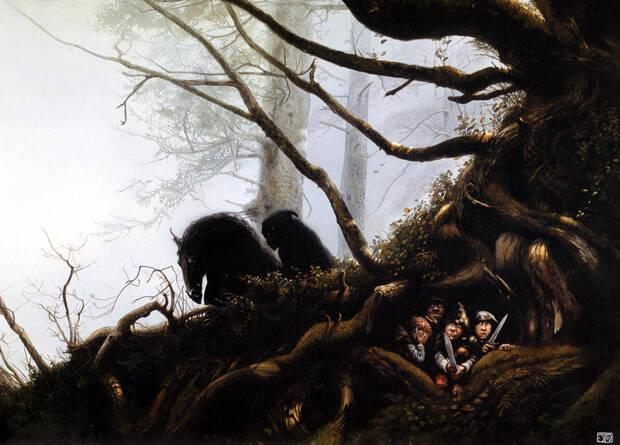 Los hobbits se ocultan del Jinete Negro. Una ilustraci�n de John Howe.