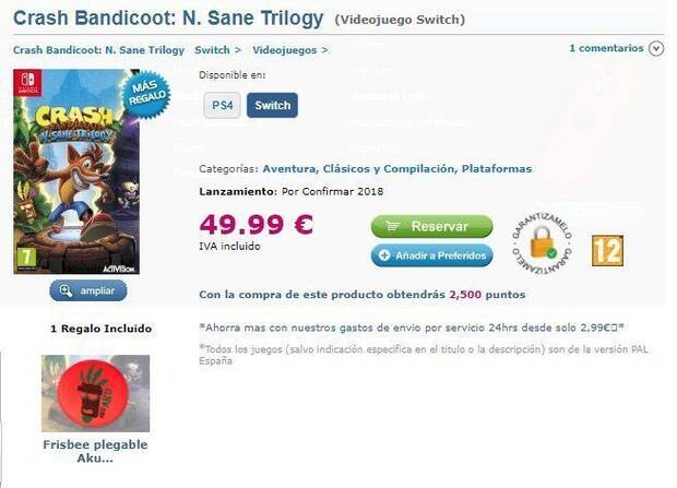 Una tienda espaola filtra Crash Bandicoot N. Sane Trilogy para Switch Imagen 2