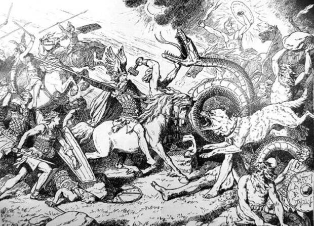 Representación en blanco y negro de uno de los eventos del Ragnarök.
