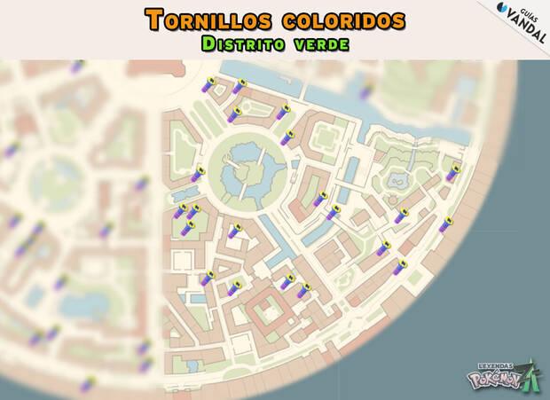 Leyendas Pokmon Z-A - Localizaciones en el mapa de todos los tornillos coloridos del Distrito Verde