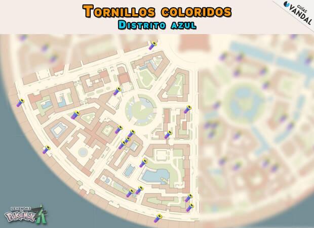 Leyendas Pokmon Z-A - Localizaciones en el mapa de todos los tornillos coloridos del Distrito Azul