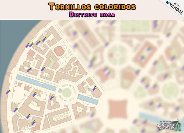 Leyendas Pokmon Z-A - Localizaciones en el mapa de todos los tornillos coloridos del Distrito Rosa