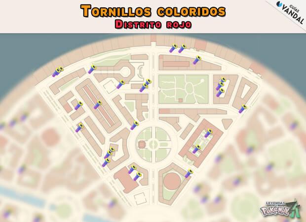 Leyendas Pokmon Z-A - Localizaciones en el mapa de todos los tornillos coloridos del Distrito Rojo