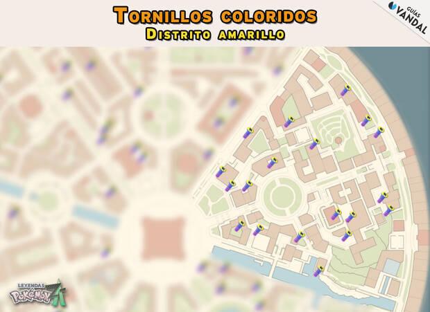 Leyendas Pokmon Z-A - Localizaciones en el mapa de todos los tornillos coloridos del Distrito Amarillo