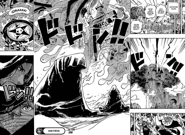 Panel final del número #1134 de One PIece, en el que se puede ver en la esquina inferior izquierda al que se cree sería el hermano gemelo de Shanks