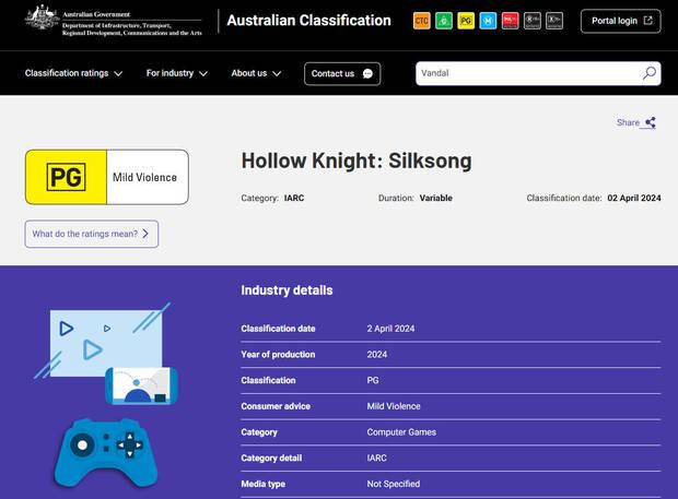 Hollow Knight Silksong clasificado en Australia.