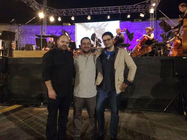 En 2017 Rime protagonizó un concierto en Fuengirola. De izquierda a derecha: los compositores Raúl Araújo y David García y el director de Tequila Works, Raúl Rubio.