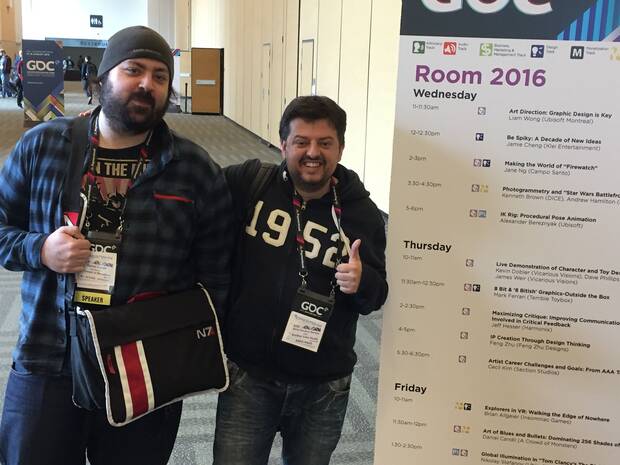 El artista Dani Candil (entonces en A Crowd of Monsters) y Adrià Carrasco en la GDC de 2016.