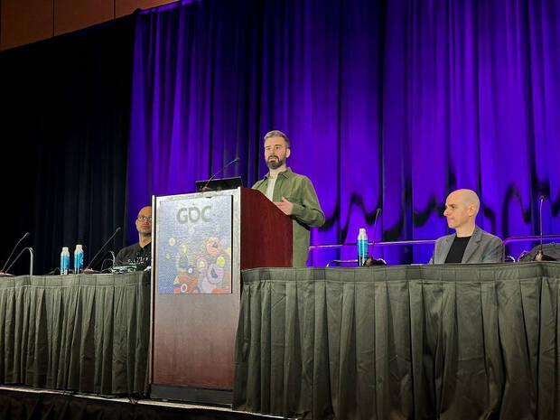 Jiménez en un momento de la charla que impartió en la GDC de este año junto a Martin Contel y Glauco Longhi.