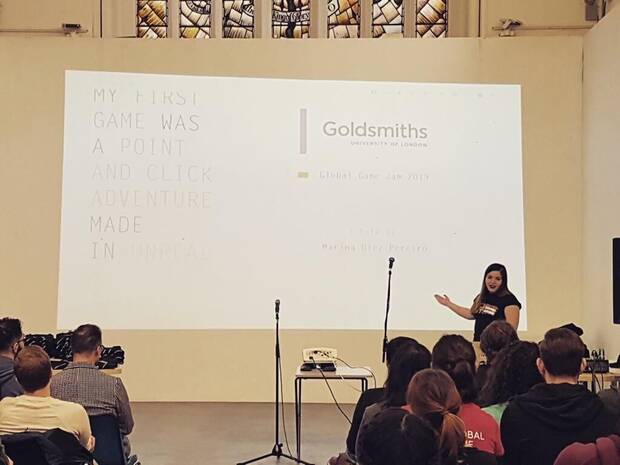 D�ez dando una charla en Goldsmiths para la Global Game Jam 2019.