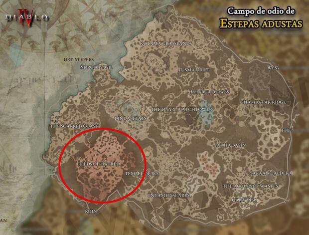 Diablo 4 - Localización en el mapa del Campo de odio de Estepas Adustas