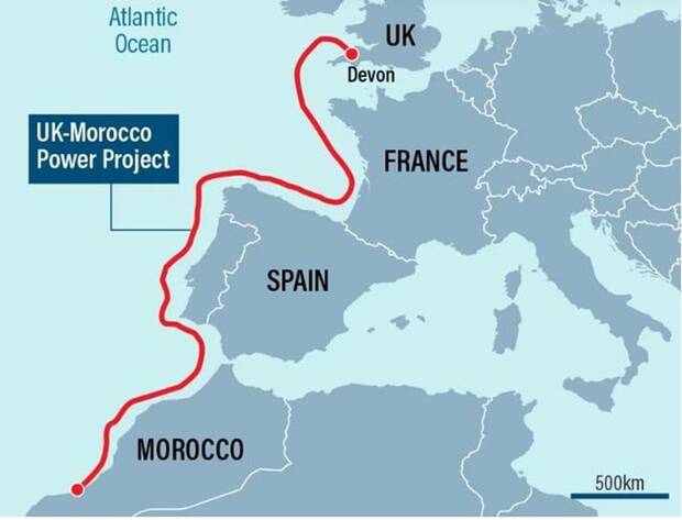 Representaci�n art�stica de la ruta que seguir� el cable de Xlinks desde Reino Unido hasta las instalaciones el�ctricas de Marruecos (North Africa Post)