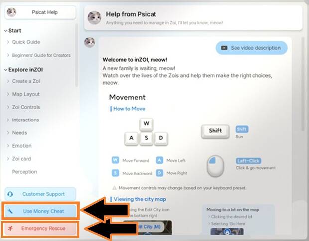 Menú de opciones de inZOI con los trucos de dinero y rescate de emergencia