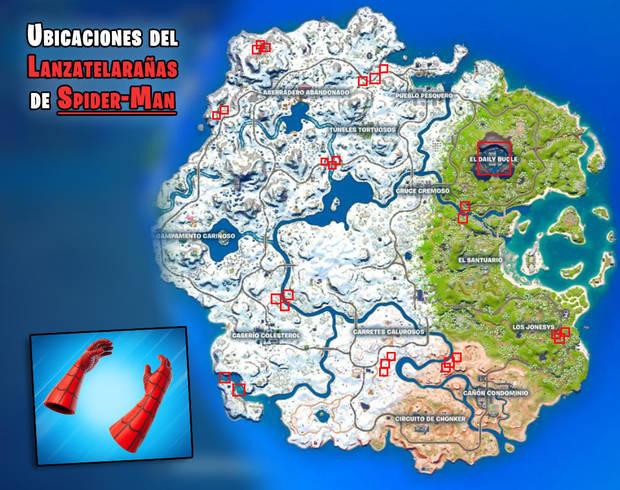 Fortnite - Mapa con todas las ubicaciones del Lanzatelarañas de Spider-Man en la Temporada 1