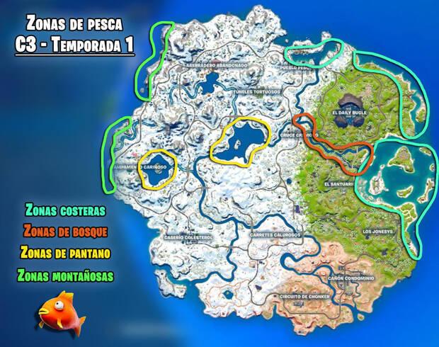 Fortnite Capítulo 3 Temporada 1 - Todas las zonas de pesca en el mapa
