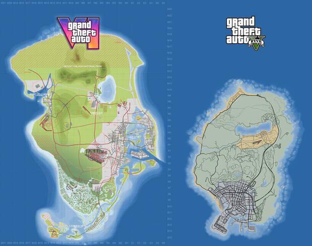 Comparativa no oficial basada en filtraciones del mapa de GTA 6 vs GTA 5