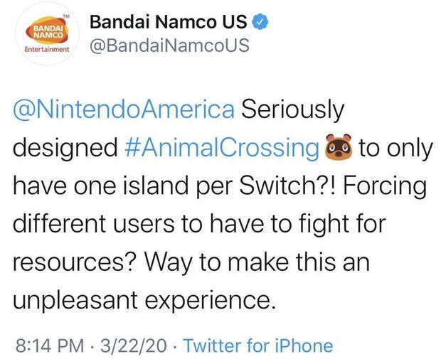 Bandai Namco carga por error contra Animal Crossing: New Horizons en Twitter Imagen 2