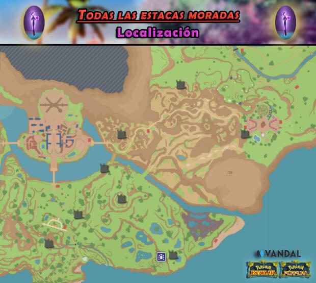 Pokémon Escarlata y Púrpura - Mapa general con las estacas legendarias moradas y ubicación de Wo-Chien