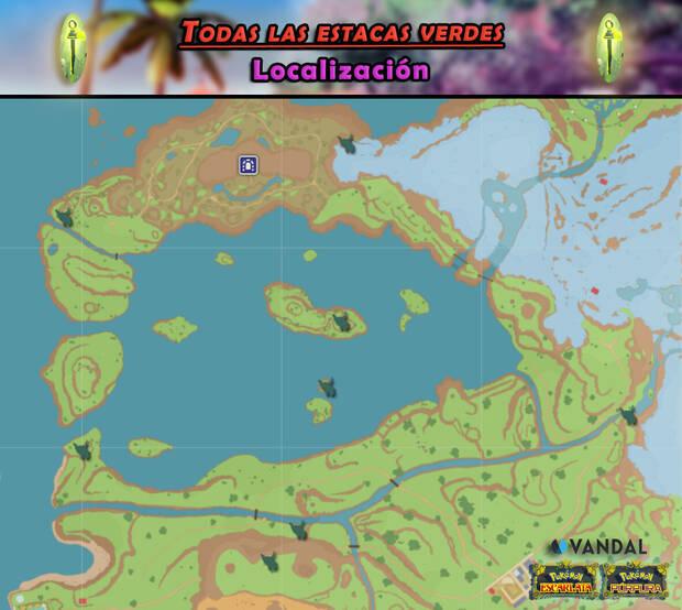 Pokémon Escarlata y Púrpura - Mapa general con las estacas legendarias verdes y ubicación de Ting-Lu