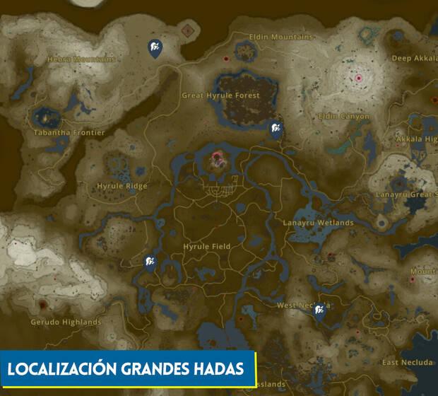 Zelda: Tears of the Kingdom - Mapa con la localización de las 4 grandes hadas