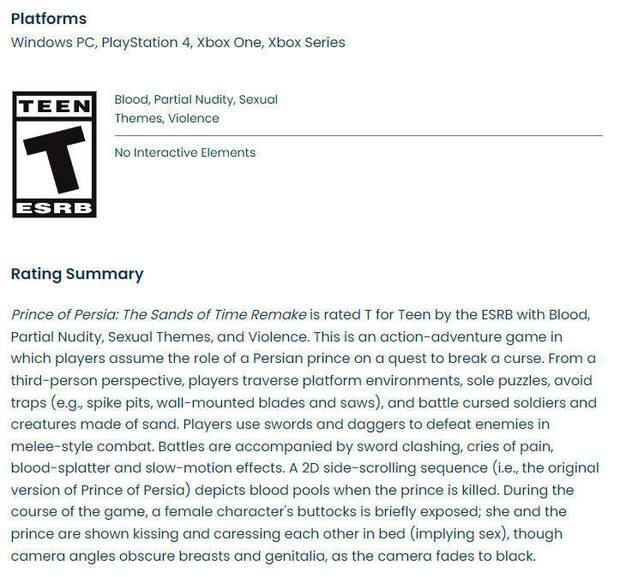 Prince of Persia: Las Arenas del Tiempo Remake ya ha pasado la clasificaci�n por edades ESRB