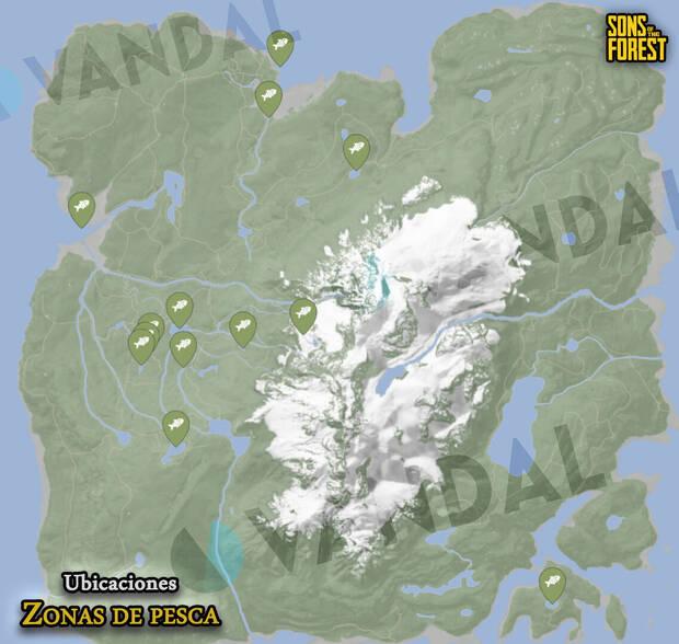 Sons of the Forest - Mapa con todas las zonas de pesca de peces