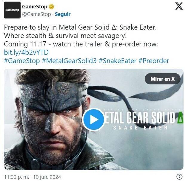 Mensaje en X de la cuenta oficial de GameStop anunciando la fecha de lanzamiento de Metal Gear Solid Delta: Snake Eater para el 17 de noviembre de 2024