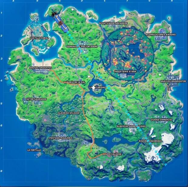 Fortnite Battle Royale - Ve de Arenas Ardientes hasta Campo Calígine sin salir de un coche en menos de 4 minutos: ruta a seguir