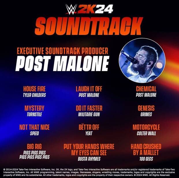 WWE 2K24 banda sonora anunciada y Post Malone confirmado en DLC