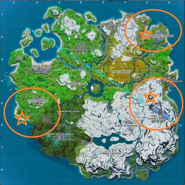 Fortnite Battle Royale - Bola 8 Vs. Bola BLanca - localización de Alquileres Arcoiris, Autobús de Playa y Lago Canoa