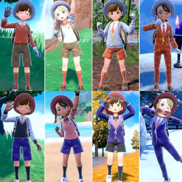 Los uniformes de Pokémon Escarlata (arriba) y Pokémon Púrpura (abajo).