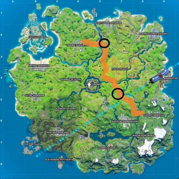 Fortnite - Ruta para ir en coche de Ciudad Comercio a Parque Placentero