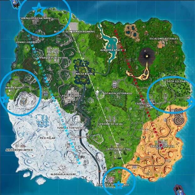 Fortnite Battle Royale - Vista los puntos más alejados al norte, sur, este y oeste de la isla