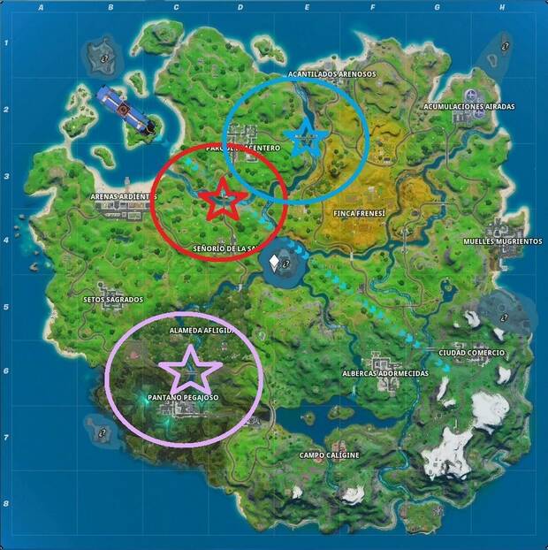 Fortnite - Dónde encontrar los puentes púrpua, rojo y azul